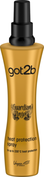 Złoty got2b Guardian Angel heat protection spray, wegański, do 230°C, widok z przodu na czarnym tle.
