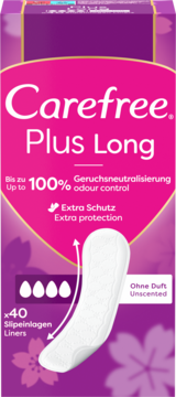 Carefree Plus Long, przód fioletowo-różowego opakowania z białą wkładką, 40 sztuk, bezzapachowe, extra ochrona.