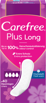 Carefree Plus Long, 40 sztuk. Różowo-fioletowe opakowanie z wkładką higieniczną, 100% kontrola zapachu, świeży zapach.