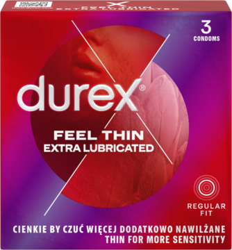 Durex Feel Thin Extra Lubricated, 3 kondomy w czerwono-purpurowym opakowaniu, widok z przodu, z grafiką.