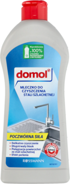 domol mleczko do czyszczenia stali szlachetnej w białej butelce z czerwoną nakrętką, widok z przodu, etykieta z ilustracją zlewu.