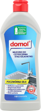 Domol mleczko do czyszczenia stali szlachetnej w białej butelce z czerwoną nakrętką, recykling 100%, widok z przodu.