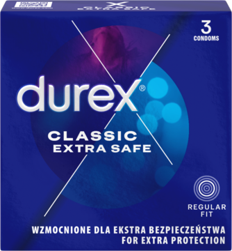 Niebieskie pudełko Durex Classic Extra Safe, 3 prezerwatywy, Regular Fit, dla dodatkowej ochrony.