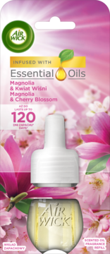 Air Wick wkład do odświeżacza Magnolia & Kwiat Wiśni, 120 dni, widać żółty olejek, na tle różowych kwiatów.