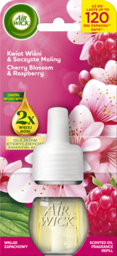 Air Wick wkład zapachowy Cherry Blossom & Raspberry. Różowe opakowanie z kwiatami i malinami, 2x więcej olejku.
