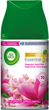 Air Wick Automatic Spray Refill Magnolia & Cherry Blossom, green top, pink floral design, front.