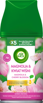 Air Wick Freshmatic wkład, zapach Magnolia i Kwiat Wiśni, biała etykieta z różowymi kwiatami, widok z przodu.