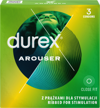 Zielono-żółte pudełko prezerwatyw Durex Arouser z prążkami dla stymulacji, z sylwetką kobiety, przód.