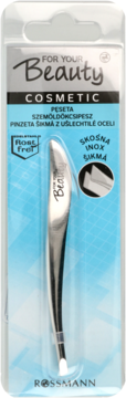 Srebrne pęsety For Your Beauty Rossmann z ukośną końcówką, zapakowane w przezroczysty blister, widok z przodu.