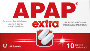Czerwono-białe pudełko Apap Extra, lek przeciwbólowy z paracetamolem, z obrazkiem białych tabletek, widok z przodu.