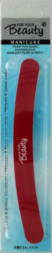 Czerwony pilnik do paznokci For Your Beauty, typu banan, w przezroczystym blistrze Rossmann do manicure.