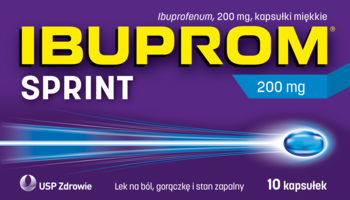 Fioletowe opakowanie Ibuprom Sprint 200 mg kapsułek, lek przeciwbólowy, z żółtym napisem i pędzącą niebieską kapsułką.