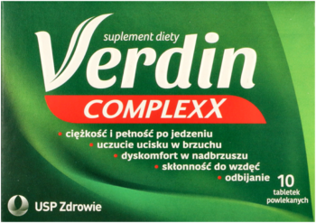 Zielone pudełko Verdin Complexx, suplementu diety na trawienie, z białym i czerwonym logo, widok z przodu.