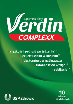 Suplement diety Verdin Complexx w zielonym opakowaniu, widok z przodu, na pełność i ucisk po jedzeniu.