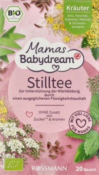 Różowe opakowanie herbaty Rossmann Mamas Babydream Stilltee z anyżem i koprem, wspomaga laktację, widok z przodu.