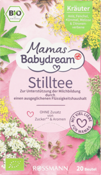 Różowe opakowanie Mamas Babydream, ziołowej herbaty dla mam karmiących, z anyżem, koprem włoskim, kminkiem. Widok z przodu.