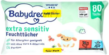 Wilgotne chusteczki Babydream extra sensitiv 80 szt., zielone opakowanie z owieczką, dla alergików.