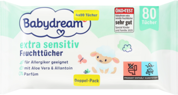 Babydream extra sensitiv wilgotne chusteczki, 80 sztuk, biało-zielone opakowanie z owieczką, dla alergików, z aloesem, bezzapachowe.