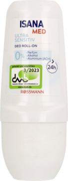Dezodorant roll-on Isana Med Ultra Sensitiv 0% perfum i alkoholu, biała butelka, frontalne ujęcie.