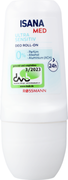 Biały dezodorant roll-on ISANA MED Ultra Sensitive 50ml. Widok z przodu, 24h, 0% perfum, alkoholu, aluminium (ACH).