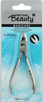 Srebrne cążki do paznokci For Your Beauty Solingen w blistrze, do manicure, widok z przodu opakowania.