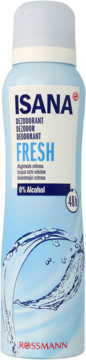 Isana Fresh dezodorant w sprayu, jasnoniebieska butelka z grafiką wody, widok z przodu, napis 0% Alcohol.