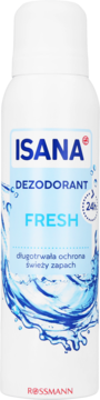 Biały dezodorant w sprayu Isana Fresh, niebieska etykieta, napisy: DEZODORANT, FRESH, 24h, woda.