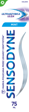Sensodyne Ultraszybka Ulga Mint pasta do zębów, biała tubka z niebieskim napisem, widok z przodu.