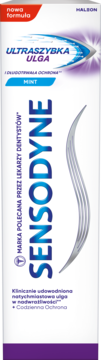 Pasta Sensodyne Ultraszybka Ulga Mint, biało-fioletowe opakowanie, widok z przodu, dla nadwrażliwych zębów.