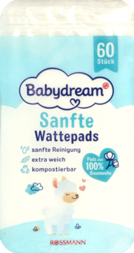 Białe opakowanie miękkich płatków kosmetycznych Babydream 100% bawełny, 60 szt., z uroczą alpaką.