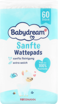 Opakowanie Babydream Wattepads 60szt, biało-niebieskie, z lamą i napisem 100% Bawełny.