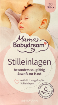 Różowe opakowanie wkładek laktacyjnych Mamas Babydream, 30 sztuk, z obrazem matki i dziecka, widok z przodu.