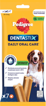 Pedigree Dentastix Daily Oral Care 10-25kg, żółta saszetka z psem, 7 przysmaków dla psów, widok z przodu.