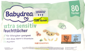 Chusteczki nawilżane Babydream extra sensitiv, 80 sztuk, w biało-zielonym opakowaniu z owieczką, widok z przodu.