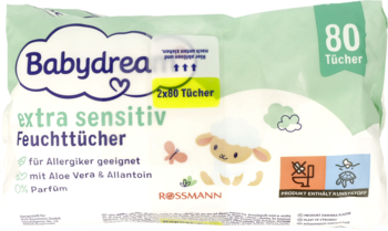 Chusteczki nawilżane Babydream extra sensitiv, 80 sztuk, w biało-zielonym opakowaniu z owieczką, widok z przodu.