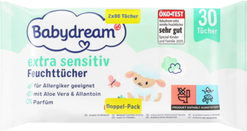 Babydream extra sensitiv chusteczki nawilżane dla alergików, biało-zielone opakowanie z owieczką, widok z przodu.