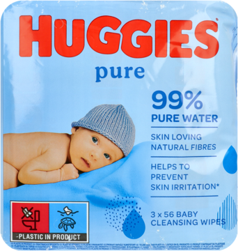 Niebieskie opakowanie chusteczek Huggies Pure z 99% wodą, z bobasem. Widok z przodu, 3x56 sztuk.