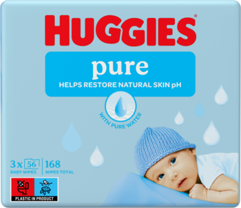 Huggies Pure nawilżane chusteczki dla dzieci, 99% czystej wody, naturalne włókna, bezzapachowe. Opakowanie z niemowlęciem.
