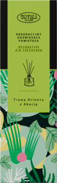 Dekoracyjny odświeżacz powietrza Trawa Orientu z Akacją. Zielono-czarne pudełko z ikoną dyfuzora i wzorem liści.
