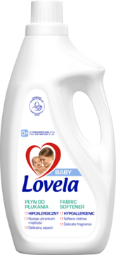 Biała butelka Lovela Baby płyn do płukania, hipoalergiczny, dla niemowląt 0+, zmiękcza ubranka, widok z przodu.