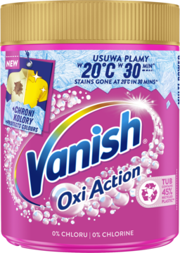 Różowy proszek Vanish Oxi Action do usuwania plam, ze złotym wieczkiem, z tekstem o 0% chloru i ochronie kolorów.