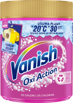 Różowy proszek Vanish Oxi Action do usuwania plam, ze złotym wieczkiem, z tekstem o 0% chloru i ochronie kolorów.