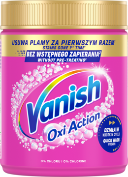 Różowy proszek odplamiający Vanish Oxi Action, bezchlorowy, ze złotym wieczkiem, widok z przodu.