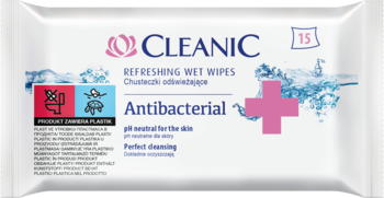 Front białego opakowania chusteczek Cleanic Antibacterial Refreshing Wet Wipes, z różowym plusem i liczbą 15 sztuk.