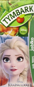 Zielono-biały karton soku jabłkowego Tymbark ze 100% jabłek, z wizerunkiem Elsy z Krainy Lodu II.