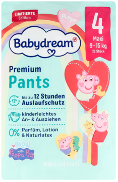Błękitne opakowanie pieluchomajtek Babydream Premium Pants Maxi 4 (9-15kg) z Peppa Pig, 22 szt., 12h ochrony, widok przód.