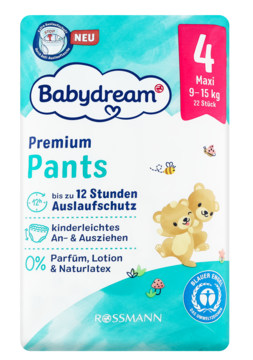 Babydream Premium Pants Maxi 4 (9-15kg, 22 sztuk). Biało-niebieskie opakowanie, przód, z misiami.