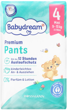 Pieluchomajtki Babydream Premium Pants Maxi 4 (9-15 kg) 22 szt., biało-turkusowe z misiami, widok z przodu.