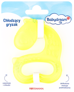 Żółty gryzak chłodzący BabyDream w kształcie stopy, w blistrze Rossmann. Widok frontalny.