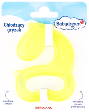 Żółty gryzak chłodzący BabyDream w kształcie stopy, w blistrze Rossmann. Widok frontalny.